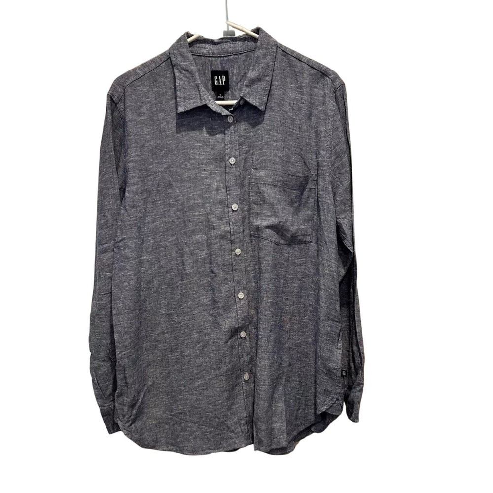 Gap Women's Blue Linen Blend Chambray Shirt Size Large Beach Vacation Coastal‎
